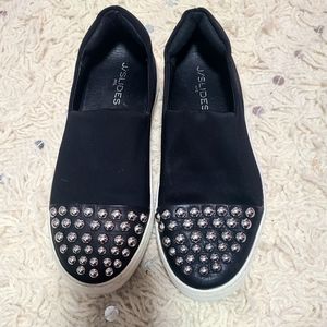 J/Slides Black and Silver Platform Loafers